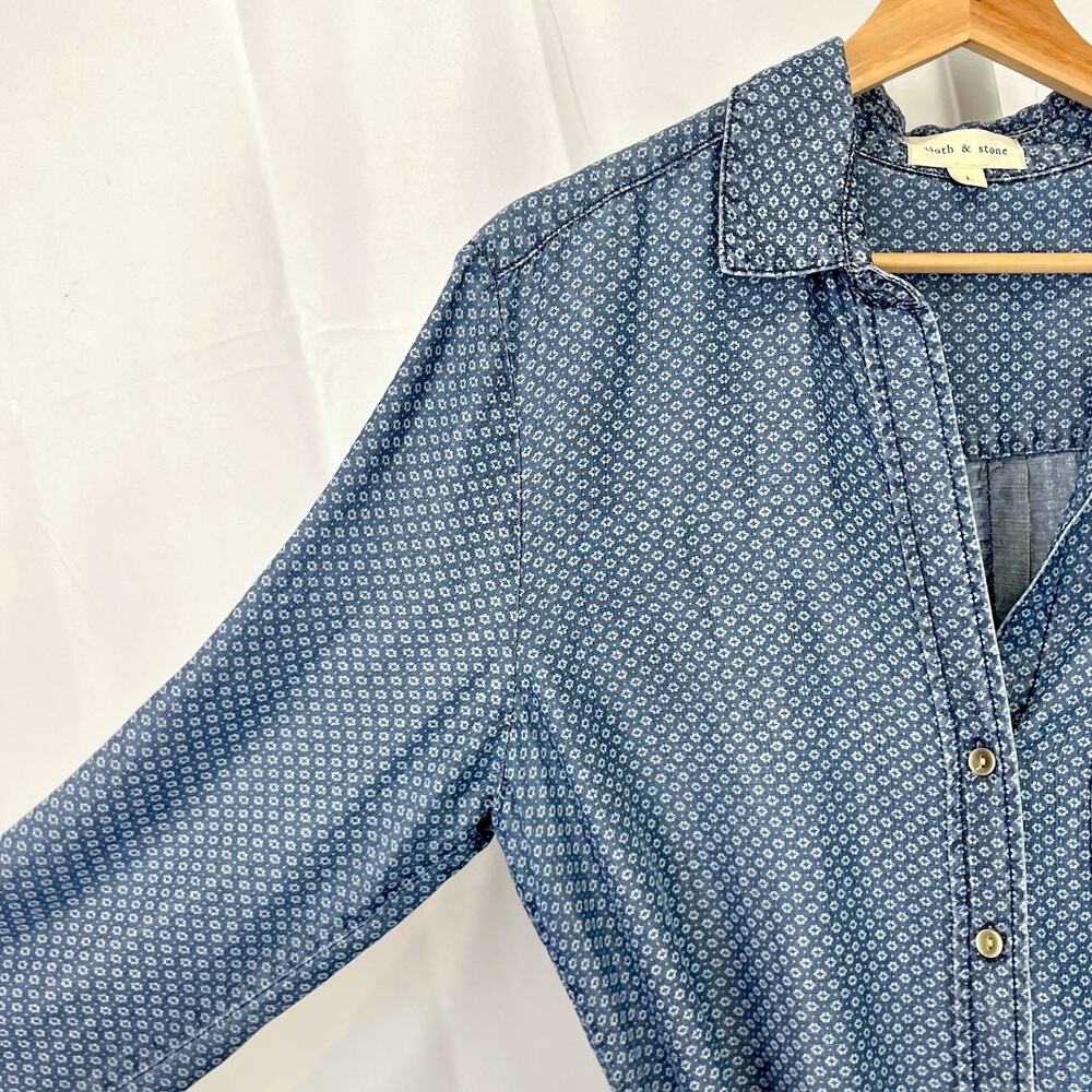 CLOTH & STONE Geometric Print Button Down Tunic Top Belted Tencel Denim Blue L - Picture 5 of 10